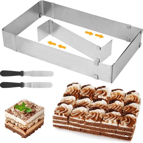Cadre Patisserie Rectangulaire Extensible, Moule Rectangulaire Patisserie en Acier Inoxydable, Moule Gateau Carré avec 2 Spatule, Cadre Patisserie pour Petits et Grands Gâteaux et Tartes (1/5)