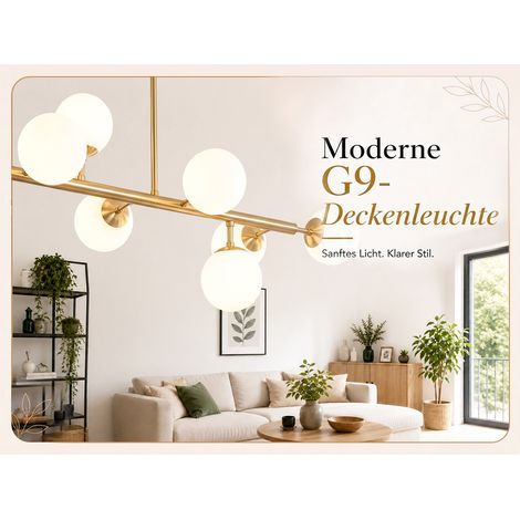 ZMH Plafonnier G9 Doré 8 Lumières en Verre Opale, Luminaire Moderne en Métal et Verre pour Salon, Salle à Manger et Chambre (1/5)