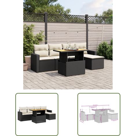 The Living Store Salon de jardin 6 pcs avec coussins noir résine tressée - Ensemble Salon De Jardin - Meuble Extérieur - Résine Tressée - Mobilier De Jardin - Table Extensible (1/3)