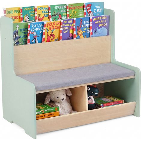 Banc pour Enfant 3 Ans+ avec Bibliothèque et 2 Coffres à Jouet, Coussin de Siège Amovible, 80 x 48 x 74,5 cm, Vert (1/5)