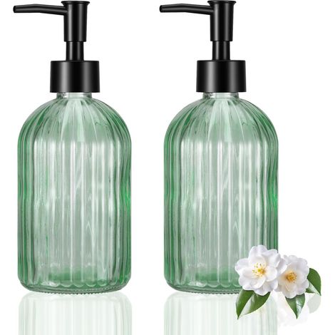 2 Pièces Distributeur Savon Verre, 400ml Distributeur-Savon Liquide avec Tête de Pompe, Flacon Pompe Verre Réutilisable, Distributeur Savons Rechargeable pour Salle de Bains et Cuisine(Vert) (1/5)