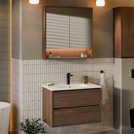 Set Waschtischunterschrank Einzel-Einbauwaschbecken 80cm und Spiegelschrank Edmé Dunkles Holz (1/5)