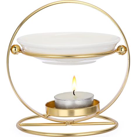 Brûleur d'huiles essentielles et cire fondue en métal + céramique avec bougie dorée Base pour encens Bol diffuseur pour yoga, maison, chambre