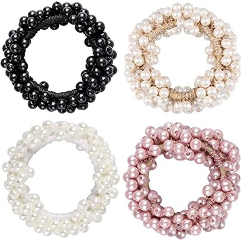 4 Élastiques à Cheveux Perles, Chouchous Élastiques pour Queue-de-Cheval, Serre-tête pour Femme