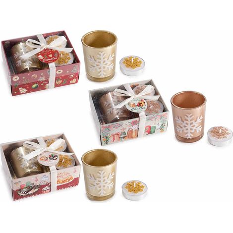 Confezioni regalo di Natale con portacandela in vetro e 2 tealight con decoro fiocco di neve con glitter, set da 9 pezzi, Portacandela: Ø 5 x 6 H