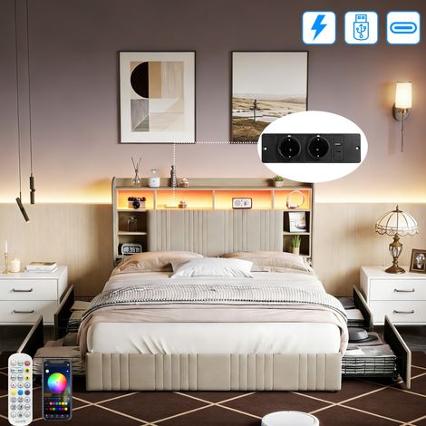 Lit rembourré 140x200 avec sommier LED et USB Type-C, lit coffre avec 4 tiroir, Tête de lit avec rangement, bibliothèque, lin, beige (1/5)