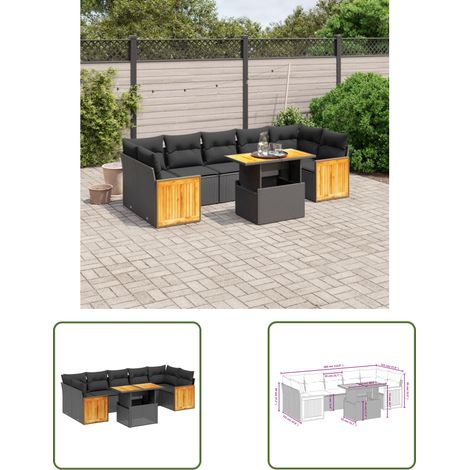 The Living Store Salon de jardin 8 pcs avec coussins noir résine tressée - Salon De Jardin - Mobilier Extérieur - Set Salon - Résine Tressée - Rotin Synthétique (1/3)