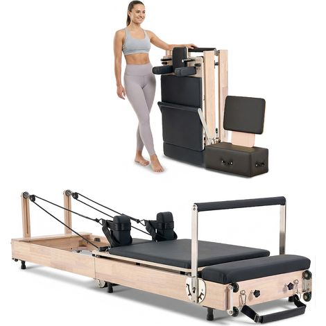 VEVOR Reformateur Pilates Pliable, Machine de Pilates en Bois Charge 181,44 kg, Ensemble Lit avec Double Resistance, Ressort, Cordon et Boite deAssise, Equipement deEntrainement de Yoga, Gym Domicile