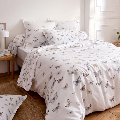 Housse de couette percale de coton 80 fils motif papillons Blanc 240x220 cm