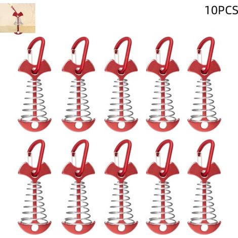 Set di 10 picchetti per tenda in alluminio rosso, ancoraggi per terrazze con moschettoni e tendicorda per tende, verande e mobili da campeggio, 77 x 36 mm (1/5)