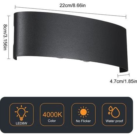 Applique Murale LED - 8 W - Éclairage Haut Vers Le Bas - IP65 - Pour Intérieur Et Extérieur - 22 x 8 x 4,7 cm - 1 Pièce (1/5)