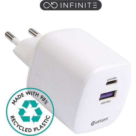 Cargador eSTUFF INFINITE USB-C PD de 67 W GaN, 1xUSB-C, 1xUSB-A, blanco, 98 % reciclado, ES637065