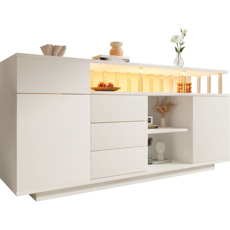 Sideboard mit 2 Türen, 4 Schubladen, Verstellbaren Einlegeböden und LED, aus Weißem Holz, 160 x 40 x 75 cm (1/5)