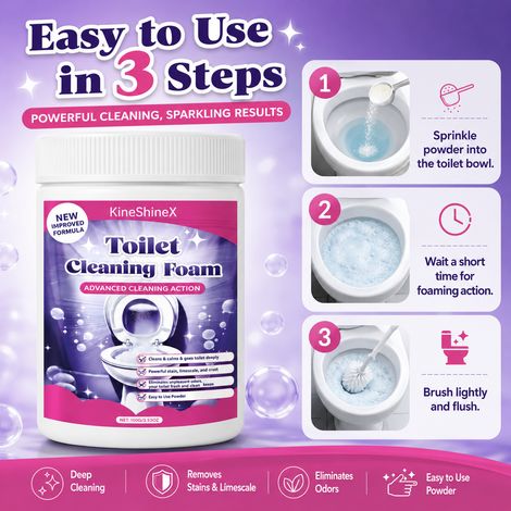 KineShineX Toilet Cleaner Powder powerfully removes stains, scale, yellowing, urine scale, and odors with deep foam cleaning. (1/4)