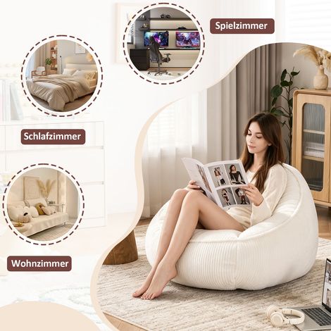 Sitzsack adulte et enfant, pouf confortable petit salon cosy, chambre cocooning, salle de jeux et bureau, moyen, beige, assise douce et déhoussable (1/5)