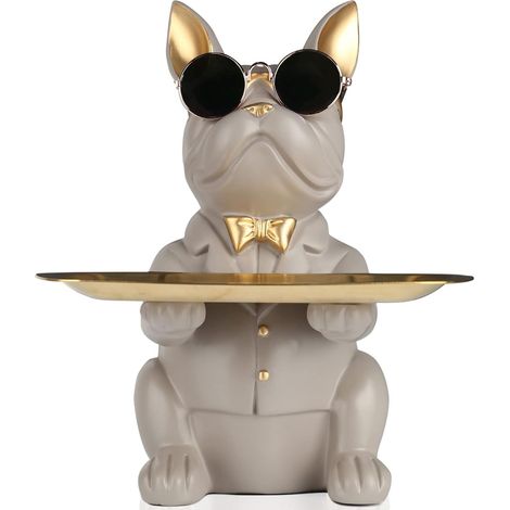 Statue de Rangement Bouledogue Gris en Résine, Tirelire, Clés, Bonbons, Décor Maison, Plateau Multifonctionnel (1/5)