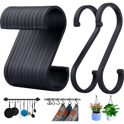 Ganci a S, confezione da 12, per appendere pentole, padelle, piante, tazze da caffè, vestiti, asciugamani in cucina, camera da letto, bagno, ufficio e giardino (nero opaco)