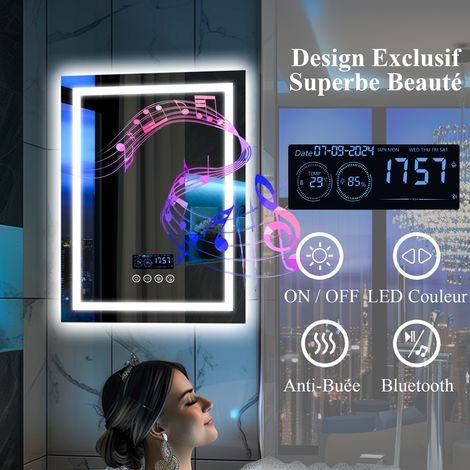 Luvodi – Miroir salle de bain LED Bluetooth 70×90 cm – Rectangulaire anti-buée – 3 couleurs de lumière – Affichage heure et température – IP56