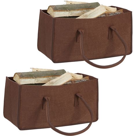 2 Bolsas para Leños con Asas Largas, Fieltro, 25 x 25 x 50 cm, Marrón