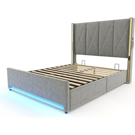 Cama canapé de terciopelo gris oscuro 90 x 200 cm con cabecero capitoné, USB, LED y almacenaje (1/5)
