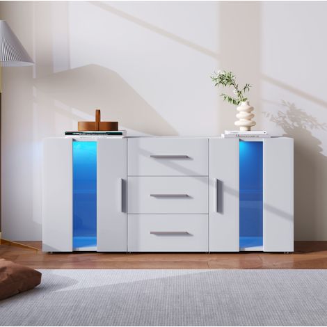 Credenza 140x35x70 cm bianca in MDF con luci LED, 3 cassetti e ripiani regolabili (1/5)