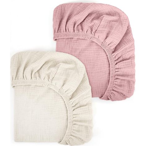 Drap Housse en Mousseline de Coton 80x40CM, 100% Coton Draps-Housses pour Couffin, Draps de Berceau pour Matelas Ovale, Sablier et Rectangulaire, 70x35 78x36 80x40 cm, Lot de 2 (Rose) (1/5)