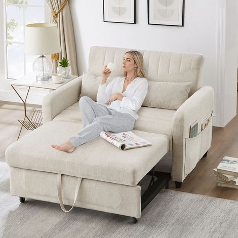 Divano Convertible 2 Posti in Cotone Lino con Schienale Regolabile 3 Posizioni e 2 Cuscini Multifunzionali, Beige