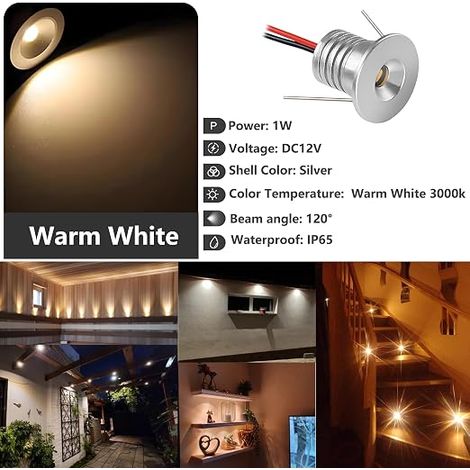 Spot LED Encastrable 12V, Mini Spot Led, Trou Φ16mm, Spots de plafond pour cuisine, escalier, placard, couloir, éclairage, vitrines, armoire, (Argenté Blanc Chaud 3000K) (1/4)