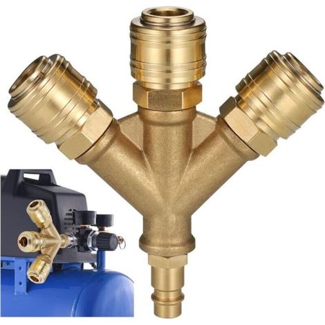 Air Hose Compressor, 3-Way Compressed Air Fitting with 3 Connectors, 1/4" Threaded Air Hose Connector, Brass Compressed Air Distributor, Y-Shaped Air Distributor (1/4)