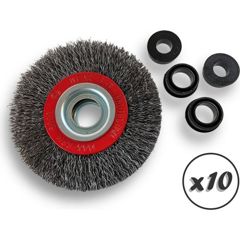 Lot de 10 brosses circulaires ACIER Ø 100 mm Epaisseur 3 rangs Fil dur 0.30 mm ondulé Alésage 16 mm Touret meuleuse affûteuse ponceuse Brossage décapage polissage Kibros 234103ATx10 (1/5)