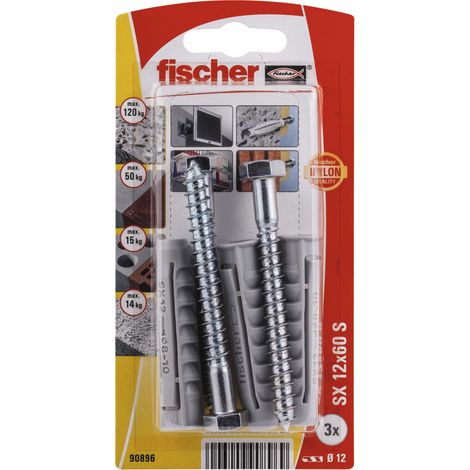 Chevilles Nylon SX Fischer 12x60 mm avec Vis Blister 3 pièces (1/5)