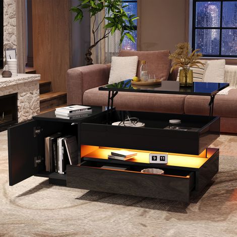 Table basse relevable 95x50x40cm – 1 tiroir + 1 placard – LED – Laquée brillante – Rangement caché/semi-ouvert – Noire (1/5)