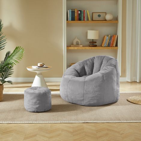 Puf sillón flor con reposapiés, 105 x 105 x 70 cm, poliéster gris claro, sin montaje (1/5)