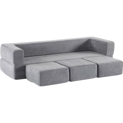 Sofá cama modular convertible de chenilla gris con 3 pufs MODENUIT (1/5)