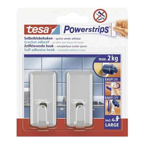 GANCIO RETTANGOLARE 'POWERSTRIPS' ARGENTO Mod. L, 2 ganci + 4 strisce - Portata 2 Kg - TESA