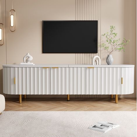 Mueble TV bajo de MDF blanco con 5 puertas, frente acanalado y patas de hierro 170 x 40 x 47 cm (1/5)