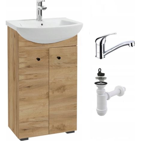 Badezimmer-Waschtisch mit Waschbecken – 50 cm – Braune Eiche – Freistehende Armatur – Praktisch
