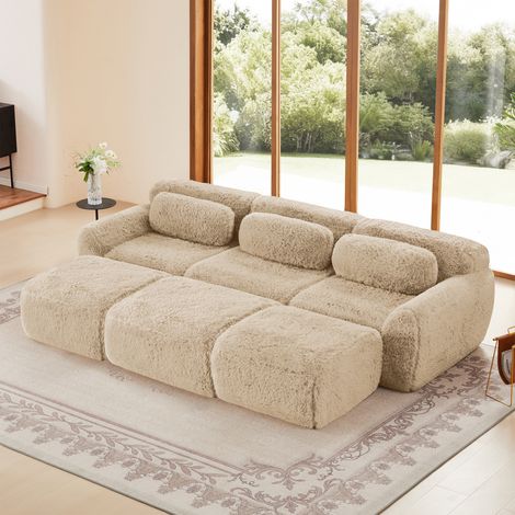 Canapé modulable 3 places 291x179x73 cm en tissu peluche – Sofa convertible avec méridienne et 3 poufs, tissu haute résilience, confort ergonomique – Beige