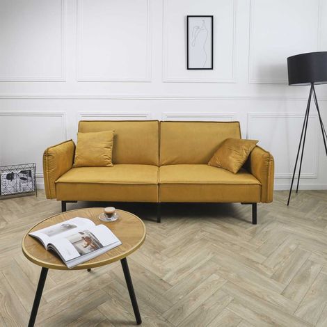 The Home Deco Factory – Canapé convertible 3 places en velours jaune – Couchage rapide – Design élégant et durable – Confort optimal pour salon (1/5)