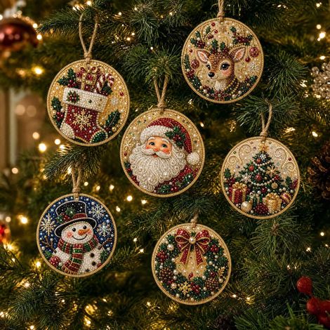 Set mit 6 farbenfrohen Weihnachtsdekorationen aus Holz