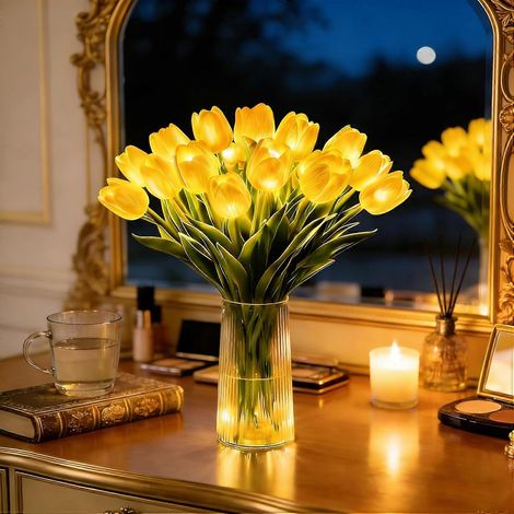 Guirlande lumineuse tulipe romantique et lumineuse, 15 tulipes scintillantes à LED, veilleuse en forme de fleur, lampe d'ambiance pour la chambre à coucher, décoration et cadeau (1/5)