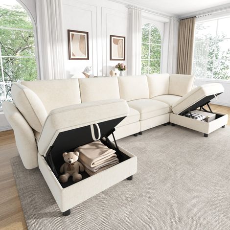 Sofá modular 289x137x84 cm, 6 plazas, reposabrazos ergonómicos, 2 pufs con almacenaje, chenilla beige (1/5)