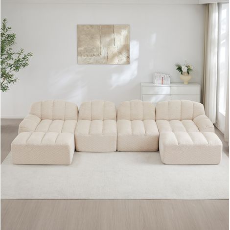 Sofá modular en U de 4 plazas con 2 otomanas, asiento profundo, espuma 32D, beige blanco (1/5)