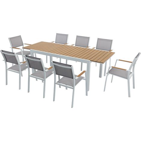Sala pranzo giard. Allum. e Polywood: tavolo allun. 170/230cm 8 sedie impil. Naturale Grigio - MACILA di MYLIA