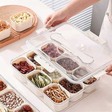 9 Compartments Divided Serving Tray with Lid Portable Snack Box-- (1/5)