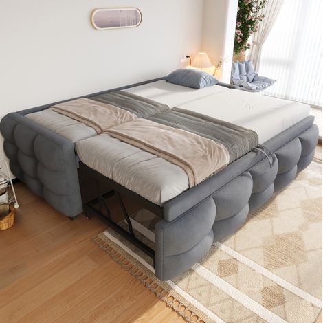 Letto imbottito estraibile 90/180x190 cm, Teddy grigio, rete a doghe, letto multifunzione