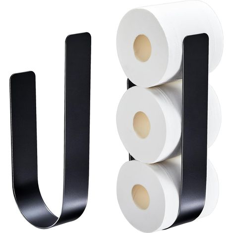 2 Porte Papier Toilette, Rangement Support Papier Toilette Mural pour 3 Rouleaux, Porte Papier WC sans Percage, Noir (1/5)