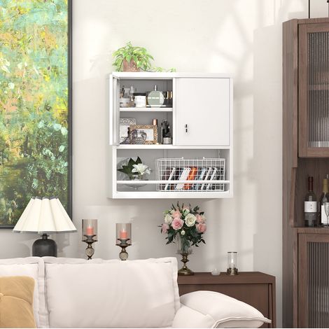 Armoire de rangement murale en métal à 2 portes avec étagères réglables, blanche, REDOM (1/5)