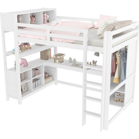 Lit mezzanine 140x200 cm avec bureau, étagères et armoire, blanc, rangement multifonction pour chambre d'enfant, sans matelas CHICFURN (1/5)