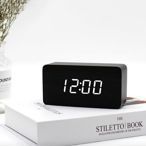 noir Numérique Réveil Bois Réglable Luminosité Contrôle Vocal LED Horloge Rectangle Affichage Temps Température Décor À La Maison (1/3)